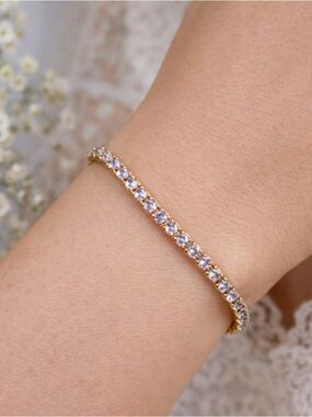 Dainty Vintage Gold Tone Lavender Rhinestone Tennis Bracelet 7 Inch Delicate